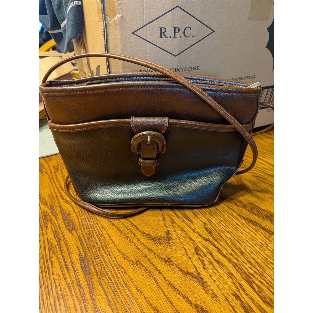 Liz Claiborne Vintage Crossbody Bag Black Brown Twoβ Tone Faux Leather Buckle